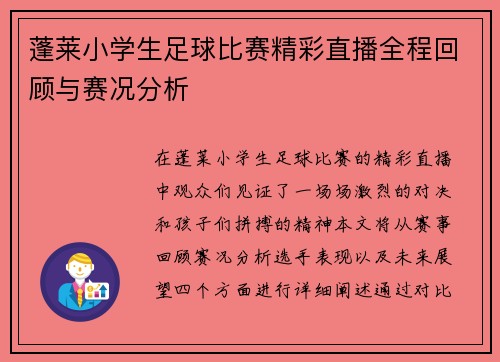蓬莱小学生足球比赛精彩直播全程回顾与赛况分析